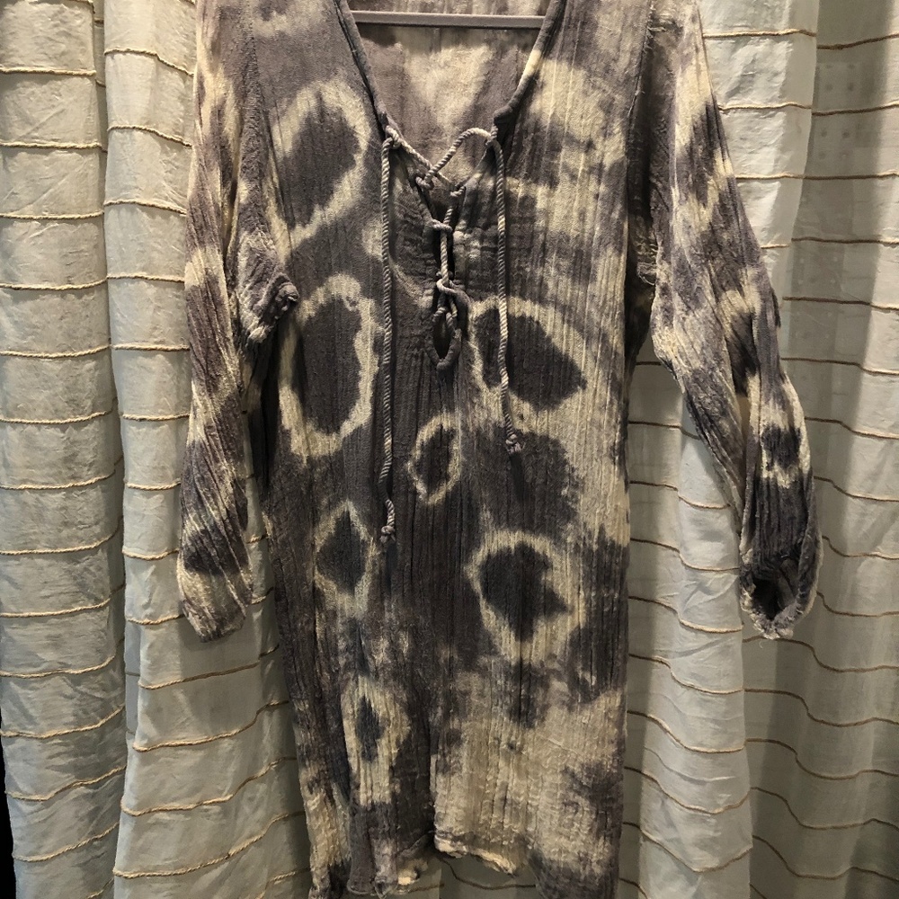 Grey and white gauze cover up/dress. Lace up front. Really cute!